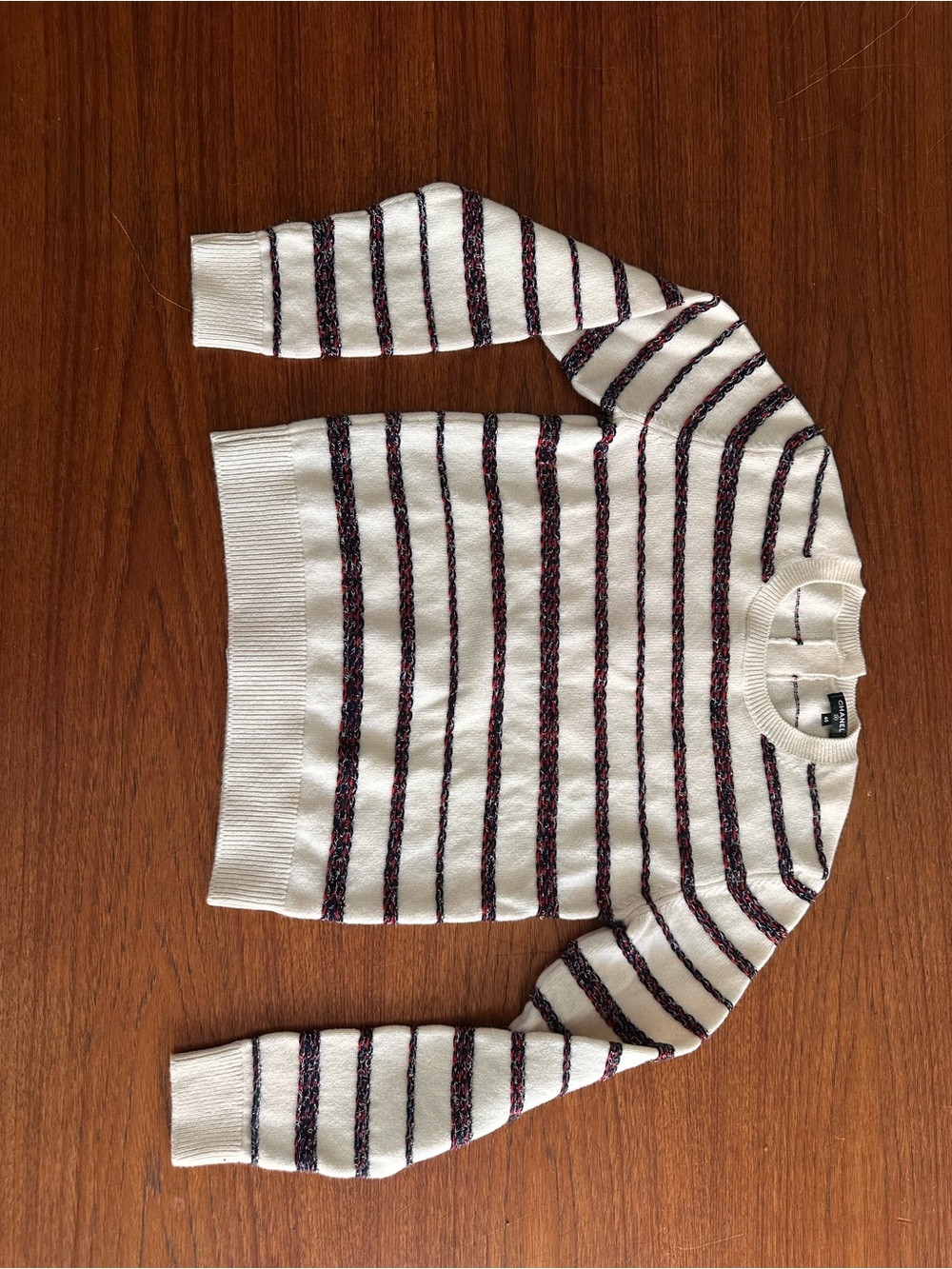 CHANEL Cashmere Cream Crewneck Sweater with Navy and Red Stripes